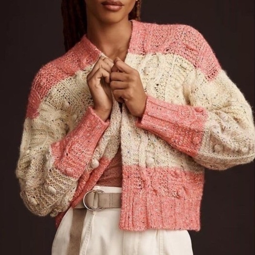 Anthropologie Colorblock Cable Knit Bobble Cardigan Pink Cream Wool Blend 2X pp